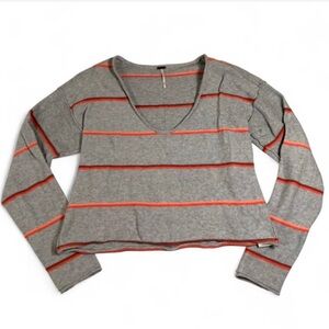 Free People Striped Long Sleeve Top in Gray- Cropped XS